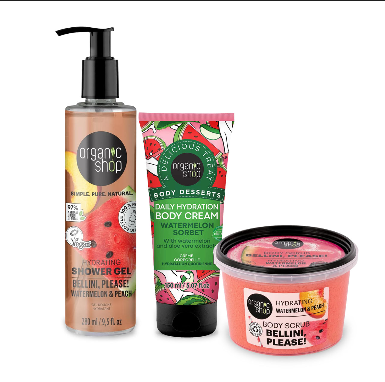 Organic Shop Watermelon & Peach Shower Gel, Body Cream & Scrub Set, 99% Natural, Vegan, Cosmos Certified, Daily Body Care Trio
