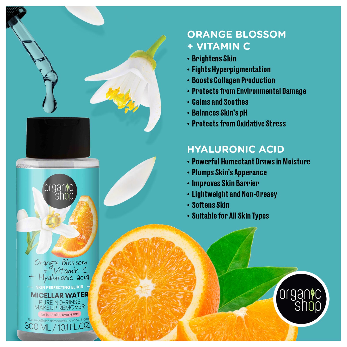 Organic Shop Micellar Water Face Cleanser 300ml ā Skin Perfecting Elixir with Hyaluronic Acid & Vitamin C ā Vegan, No-Rinse Makeup Remover ā COSMOS Natural Certified ā Gentle Waterless Formula for All Skin Types