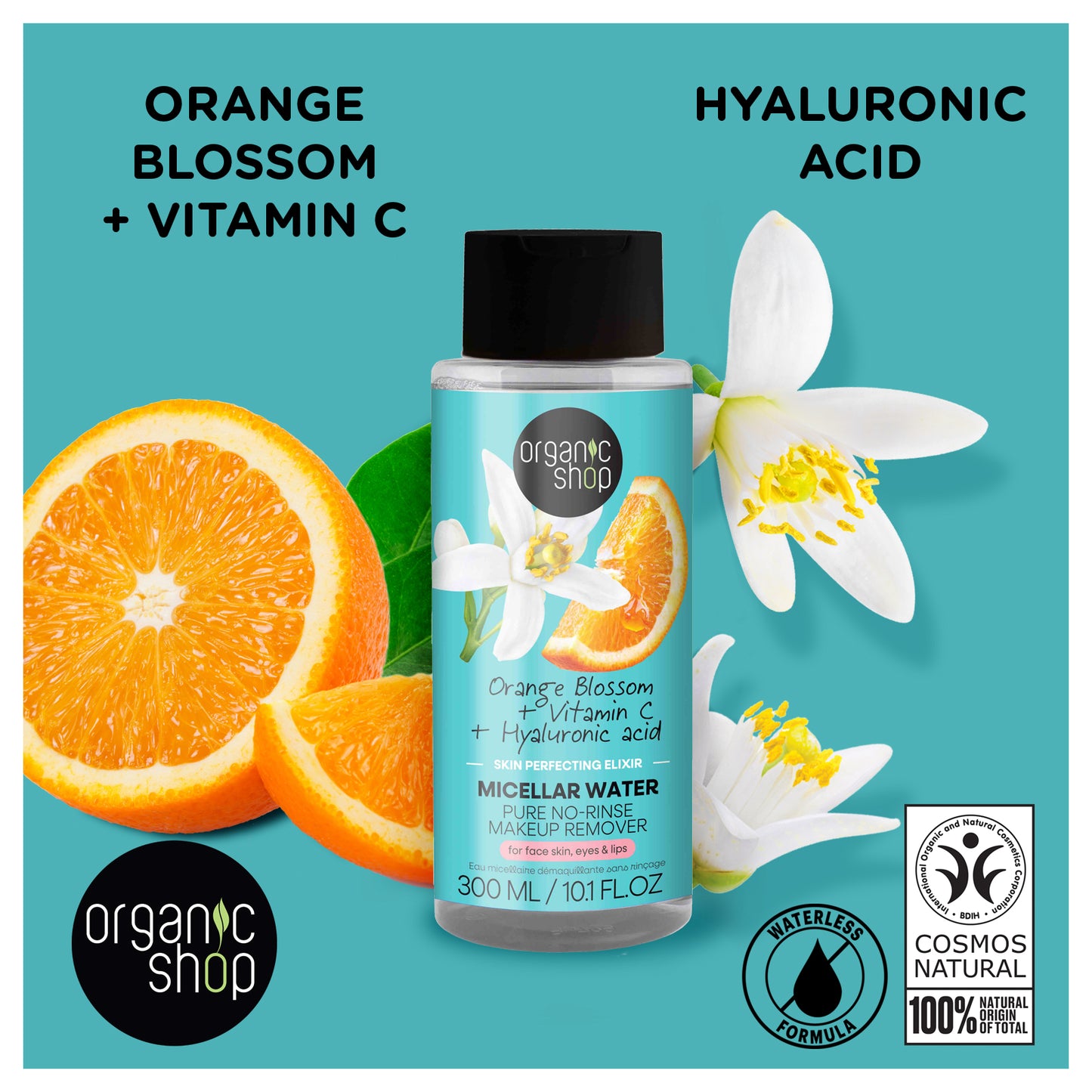Organic Shop Micellar Water Face Cleanser 300ml ā Skin Perfecting Elixir with Hyaluronic Acid & Vitamin C ā Vegan, No-Rinse Makeup Remover ā COSMOS Natural Certified ā Gentle Waterless Formula for All Skin Types