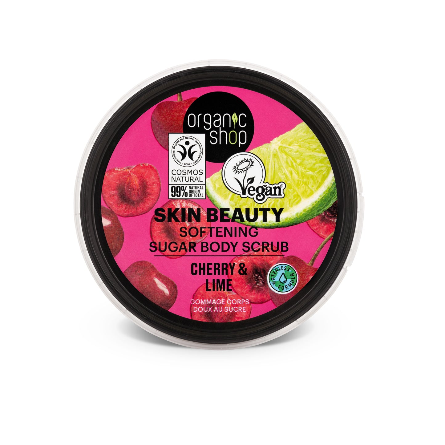 Organic Shop Cherry & Lime Body Scrub 250ml – Sugar Exfoliator for Smooth Skin – Vegan, COSMOS Certified, Waterless, 99% Natural