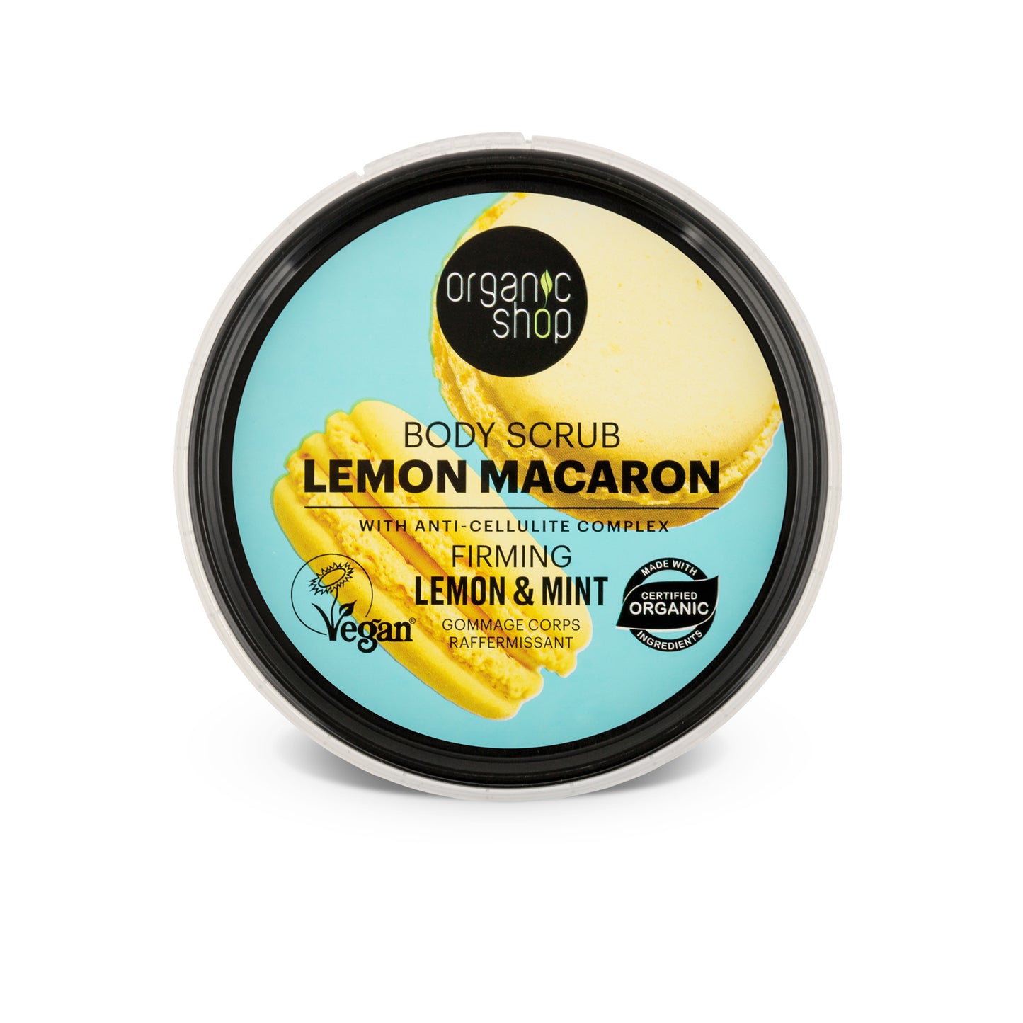 Organic Shop Lemon Macaron Body Scrub with Mint, 250ml | Vegan Exfoliating Sugar Scrub | Firming, Smooth Skin | COSMOS Natural, 99% Natural
