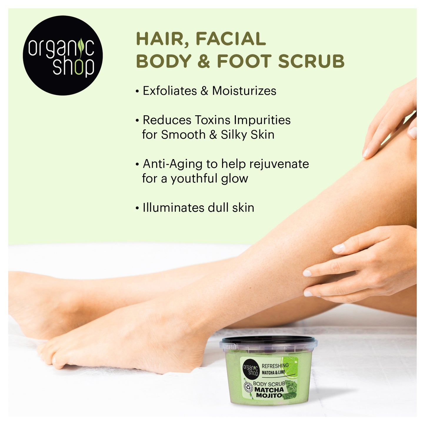 Organic Shop Matcha Mojito Body Scrub 250ml ā Exfoliating Matcha & Lime Scrub for Smooth Skin ā Vegan, Waterless Formula, COSMOS Natural Certified, Refreshing Body Polish