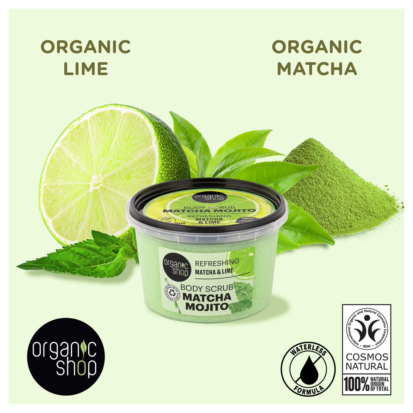 Organic Shop Matcha Mojito Body Scrub 250ml ā Exfoliating Matcha & Lime Scrub for Smooth Skin ā Vegan, Waterless Formula, COSMOS Natural Certified, Refreshing Body Polish