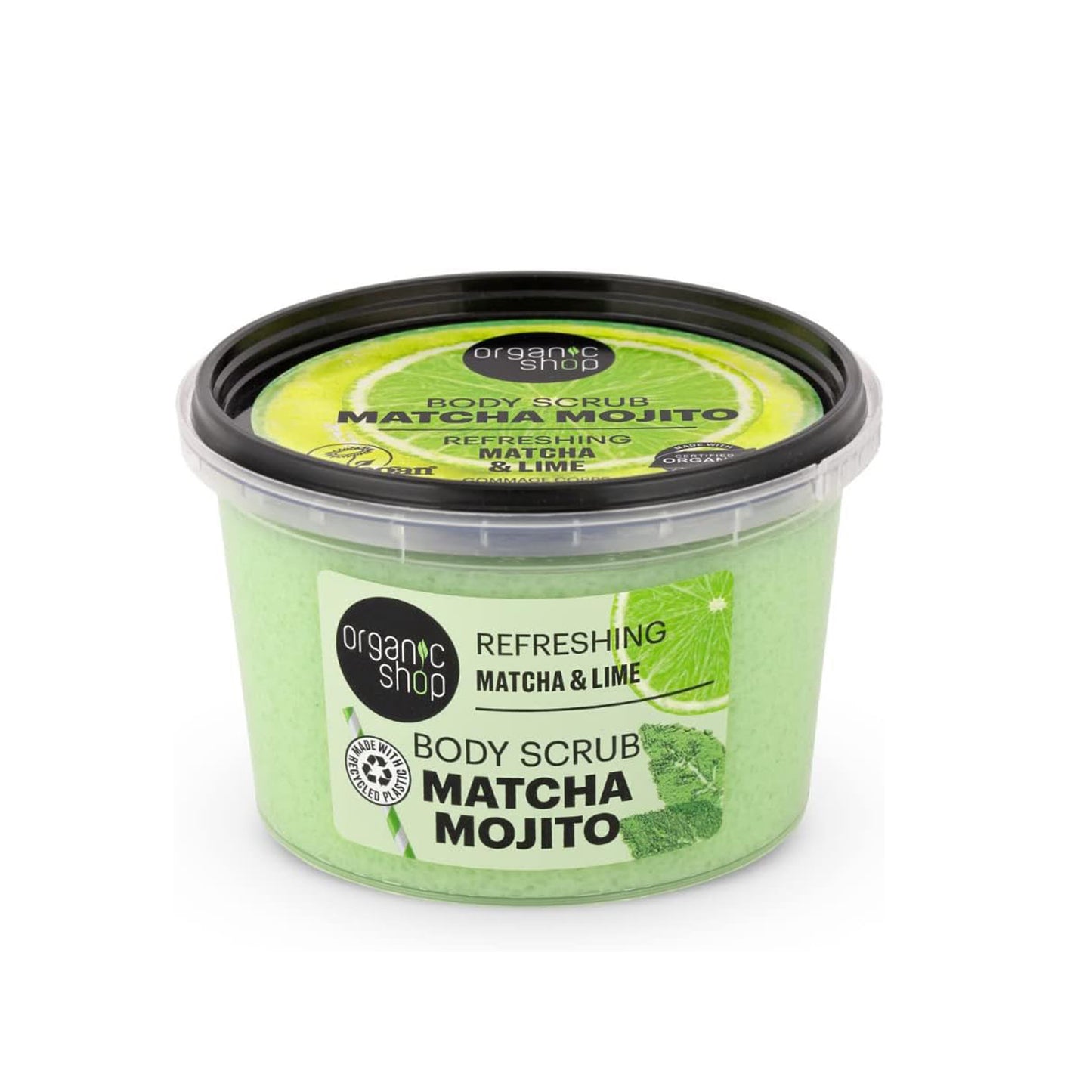 Organic Shop Matcha Mojito Body Scrub 250ml ā Exfoliating Matcha & Lime Scrub for Smooth Skin ā Vegan, Waterless Formula, COSMOS Natural Certified, Refreshing Body Polish