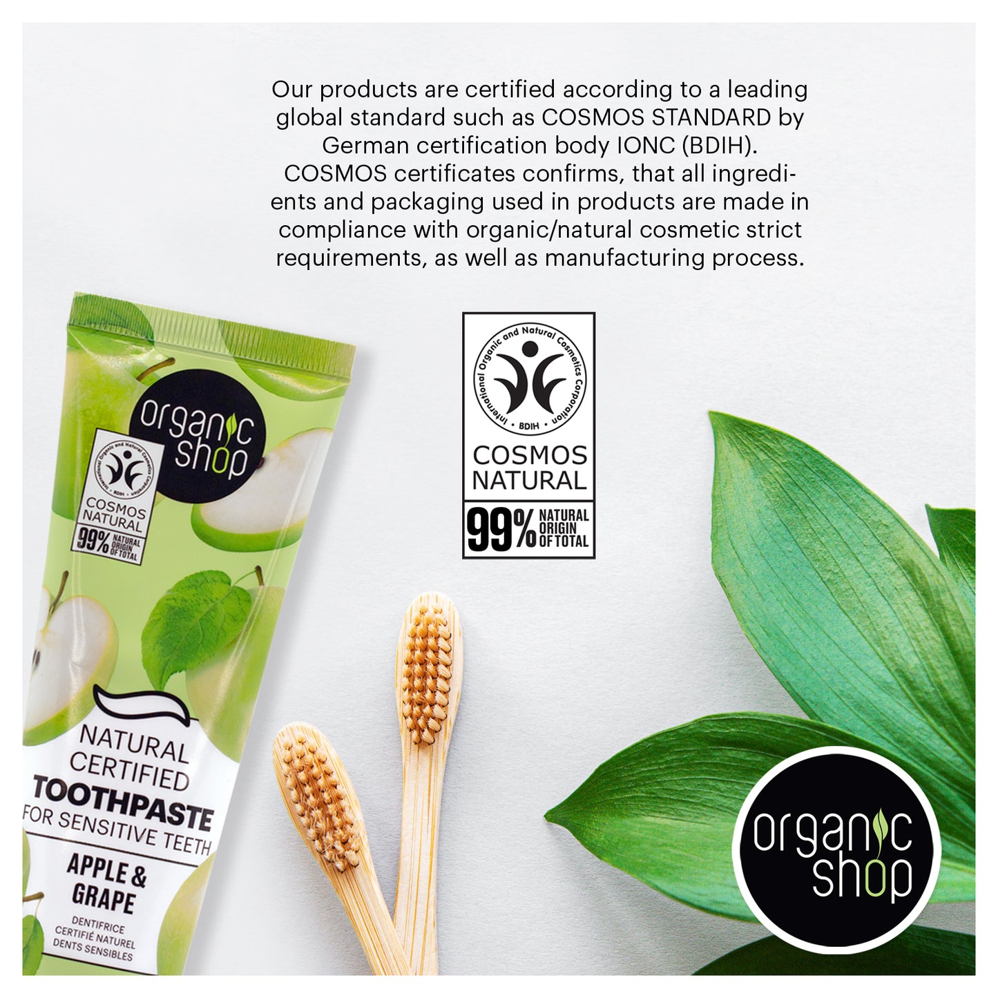 Organic Shop Apple & Grape Toothpaste, Gum Wellness, Cavity Protection, Natural Ingredients, Fluoride-Free, Tooth Sensitivity, Vegan & Cosmos Natural Certified. Pack of 2