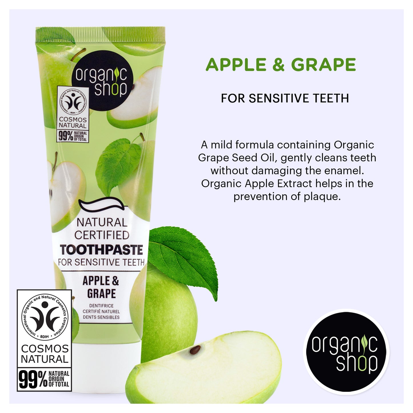 Organic Shop Apple & Grape Toothpaste, Gum Wellness, Cavity Protection, Natural Ingredients, Fluoride-Free, Tooth Sensitivity, Vegan & Cosmos Natural Certified. Pack of 2
