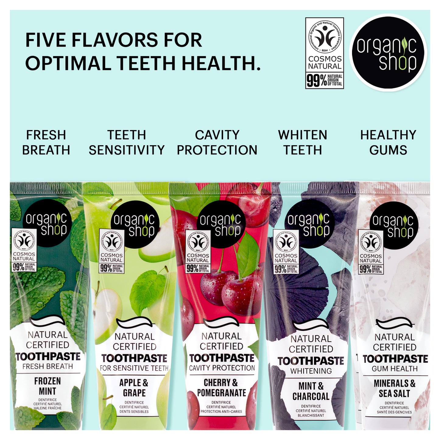 Organic Shop Frozen Mint Toothpaste, Natural Ingredients, Fluoride-Free, Tooth Sensitivity, Vegan & Cosmos Natural Certified. Pack of 2