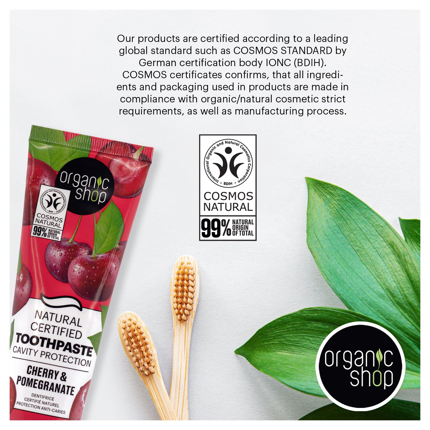 Organic Shop Cherry Toothpaste, Cavity Protection, Natural Ingredients, Fluoride-Free, Tooth Sensitivity, Vegan & Cosmos Natural Certified. Pack of 2