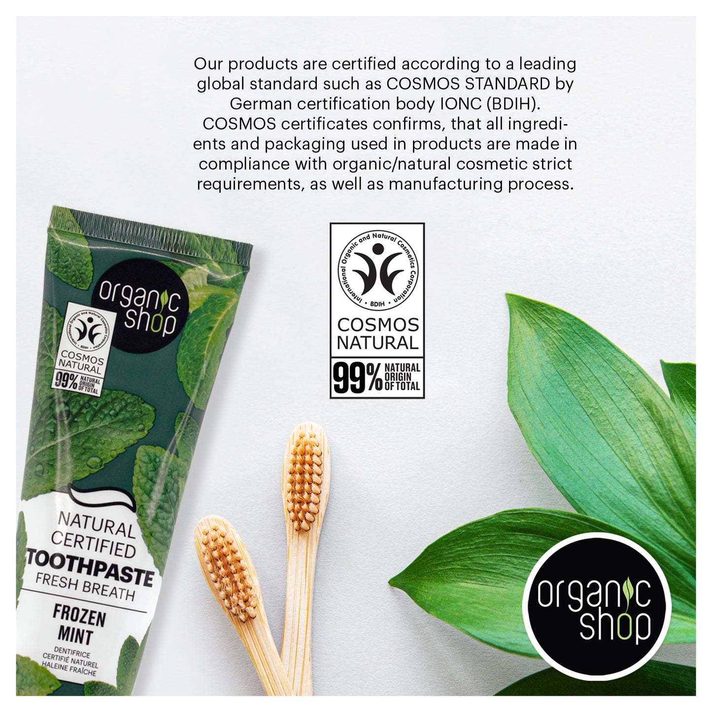 Organic Shop Frozen Mint Toothpaste, Natural Ingredients, Fluoride-Free, Tooth Sensitivity, Vegan & Cosmos Natural Certified. Pack of 2