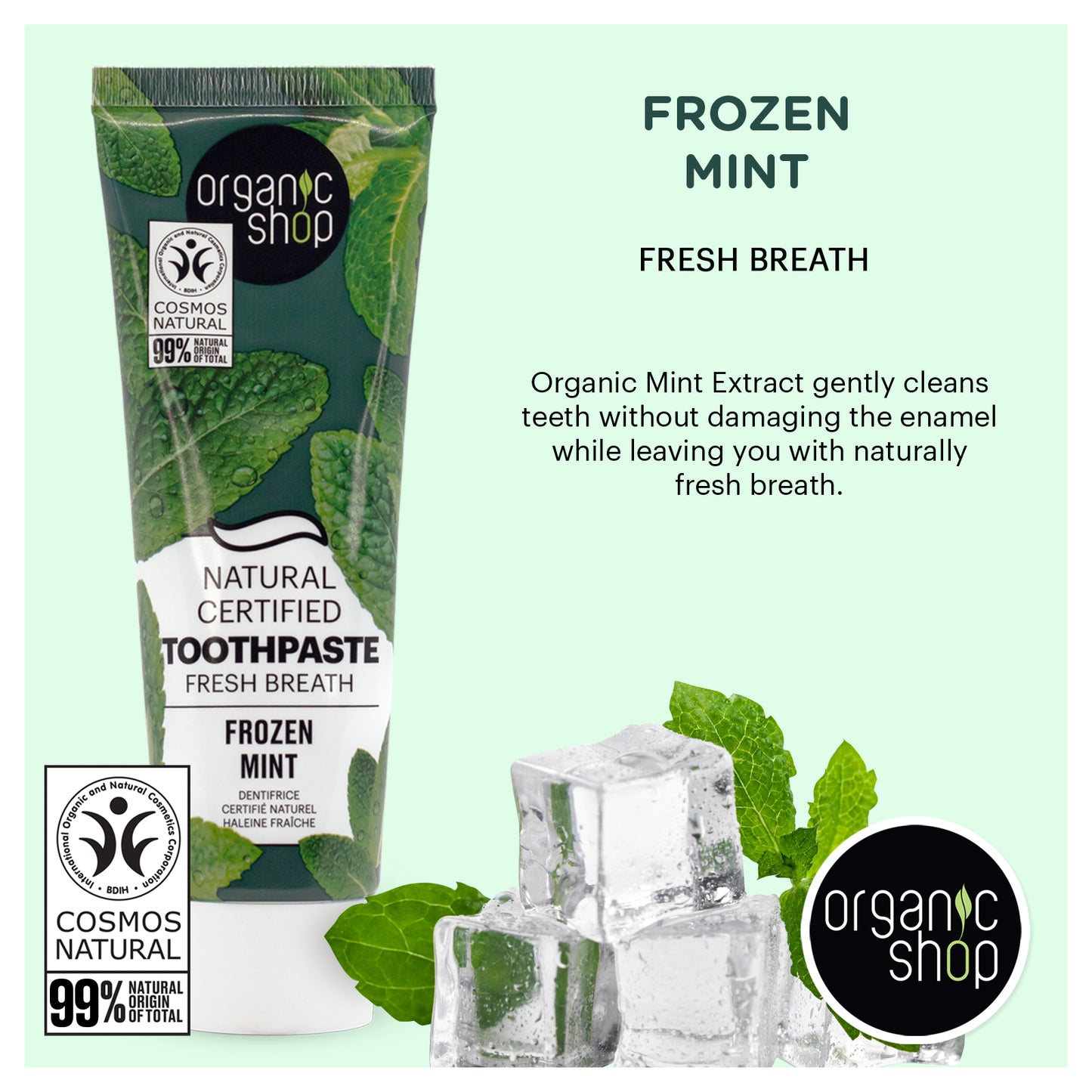 Organic Shop Frozen Mint Toothpaste, Natural Ingredients, Fluoride-Free, Tooth Sensitivity, Vegan & Cosmos Natural Certified. Pack of 2