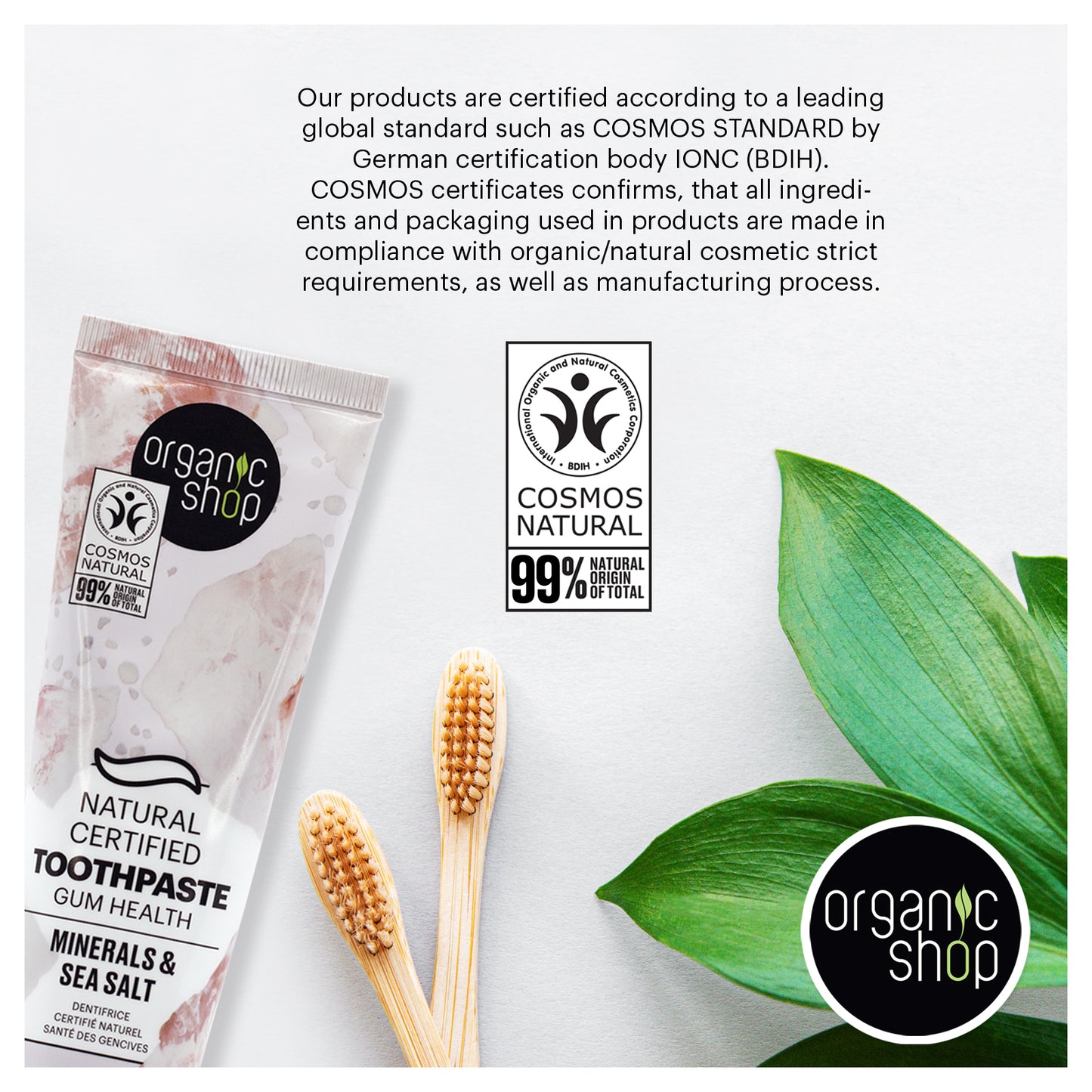 Organic Shop Sea Salt & Minerals Toothpaste, Gum Wellness, Cavity Protection, Natural Ingredients, Fluoride-Free, Tooth Sensitivity, Vegan & Cosmos Natural Certified. Pack of 2