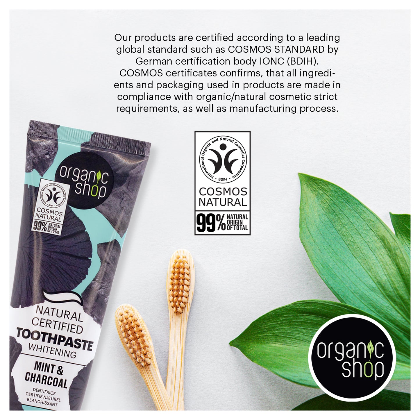 Organic Shop Mint & Charcoal Whitening Toothpaste, Natural Ingredients, Fluoride-Free, Vegan & Cosmos Natural Certified. Pack of 2