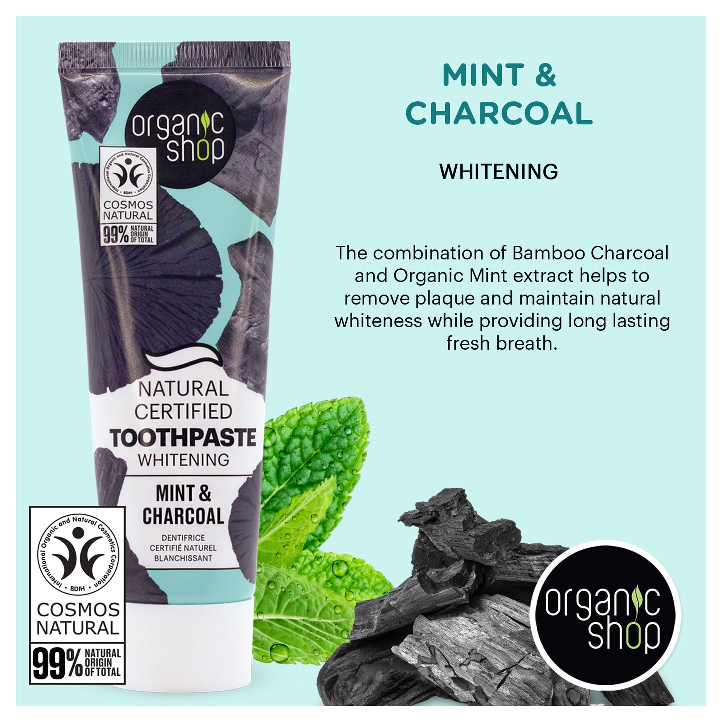 Organic Shop Mint & Charcoal Whitening Toothpaste, Natural Ingredients, Fluoride-Free, Vegan & Cosmos Natural Certified. Pack of 2