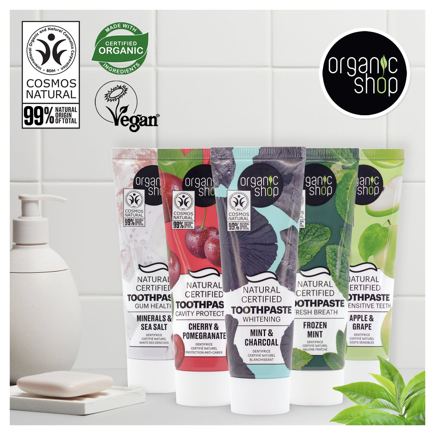 Organic Shop Frozen Mint Toothpaste, Natural Ingredients, Fluoride-Free, Tooth Sensitivity, Vegan & Cosmos Natural Certified. Pack of 2