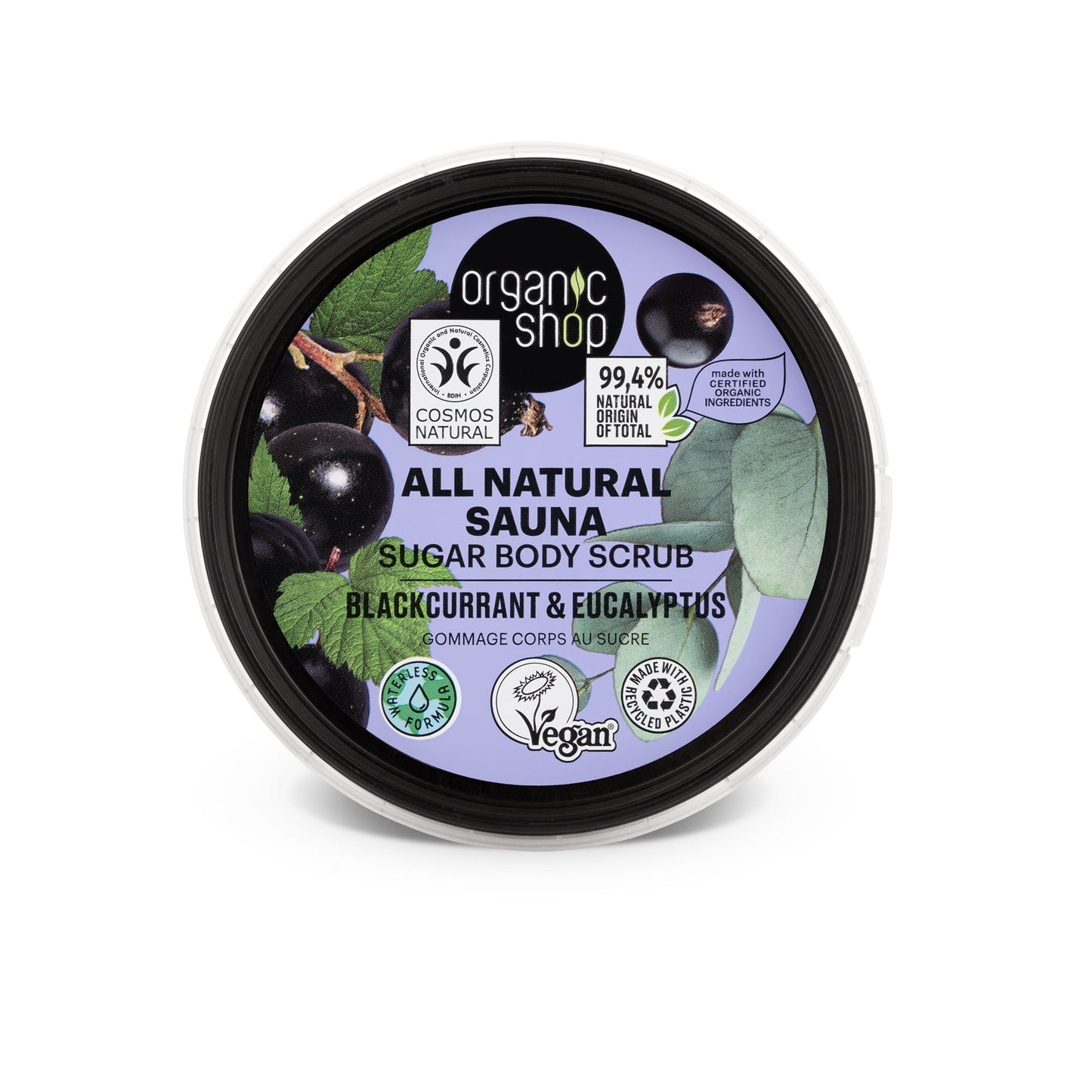 Organic Shop Body Scrub Eucalyptus & Blackcurrant, Sugar Exfoliant, Vegan & Organic, Softening & Smoothing for Body, Hands, Feet & Face
