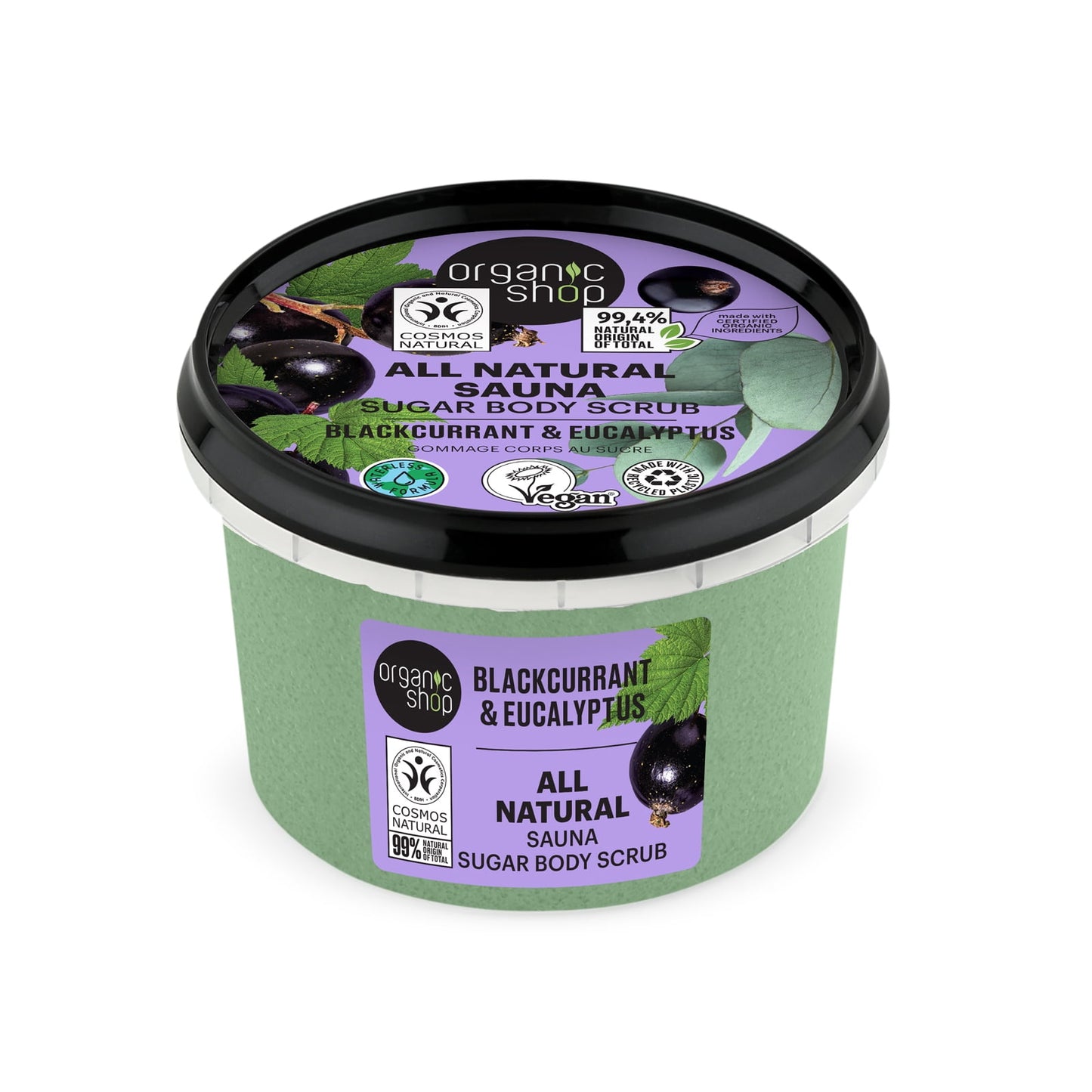 Organic Shop Body Scrub Eucalyptus & Blackcurrant, Sugar Exfoliant, Vegan & Organic, Softening & Smoothing for Body, Hands, Feet & Face