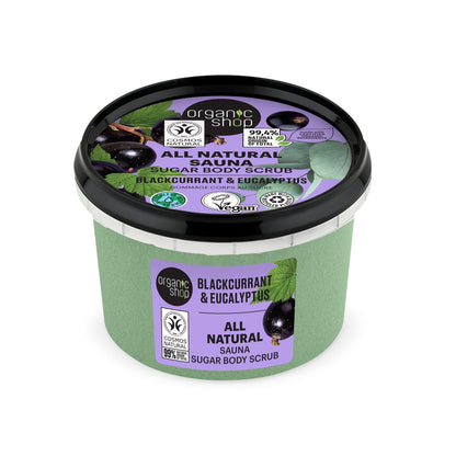 Organic Shop Body Scrub Eucalyptus & Blackcurrant, Sugar Exfoliant, Vegan & Organic, Softening & Smoothing for Body, Hands, Feet & Face
