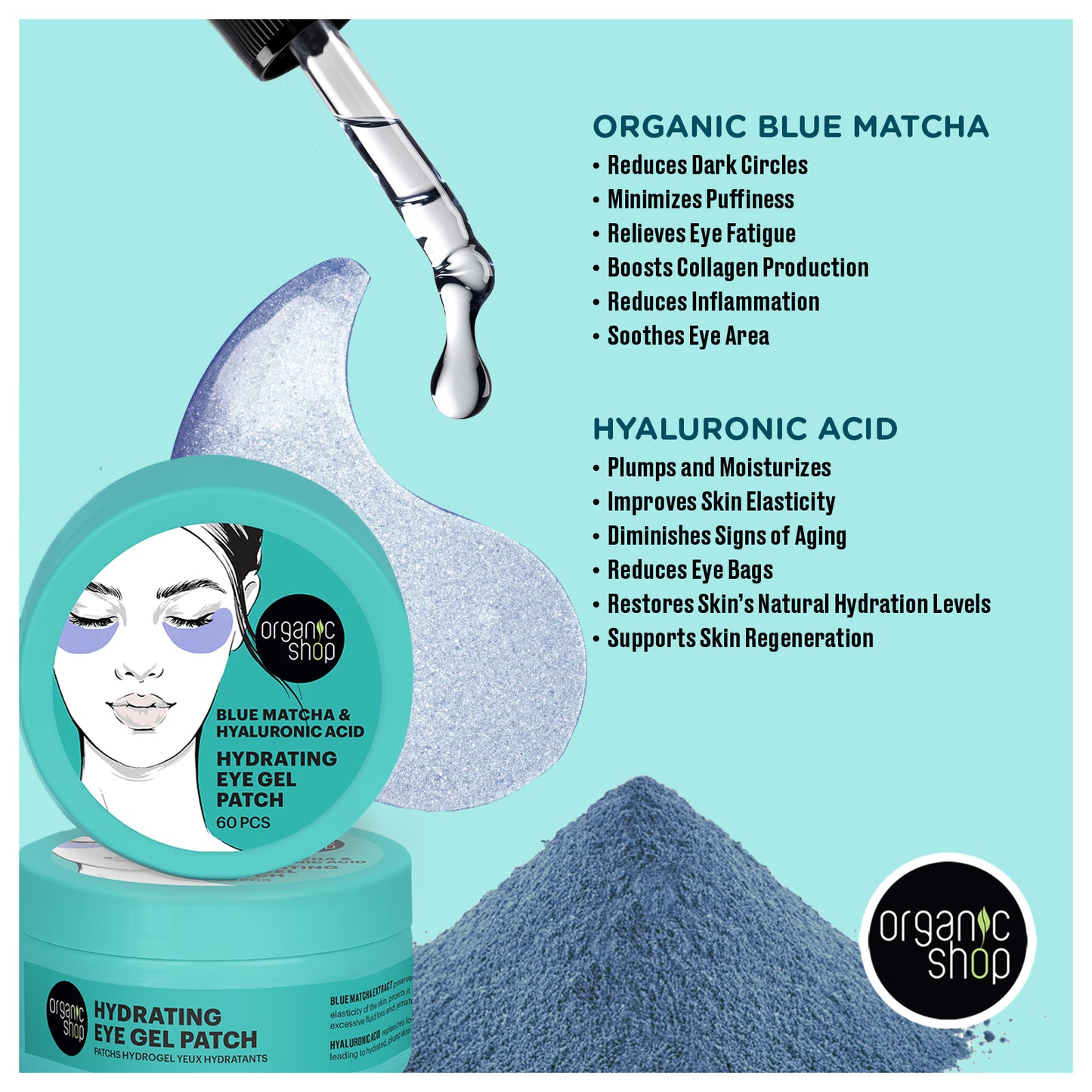 Hydrogel Eye Patch Blue Matcha & Hyaluronic Acid, 60 pcs