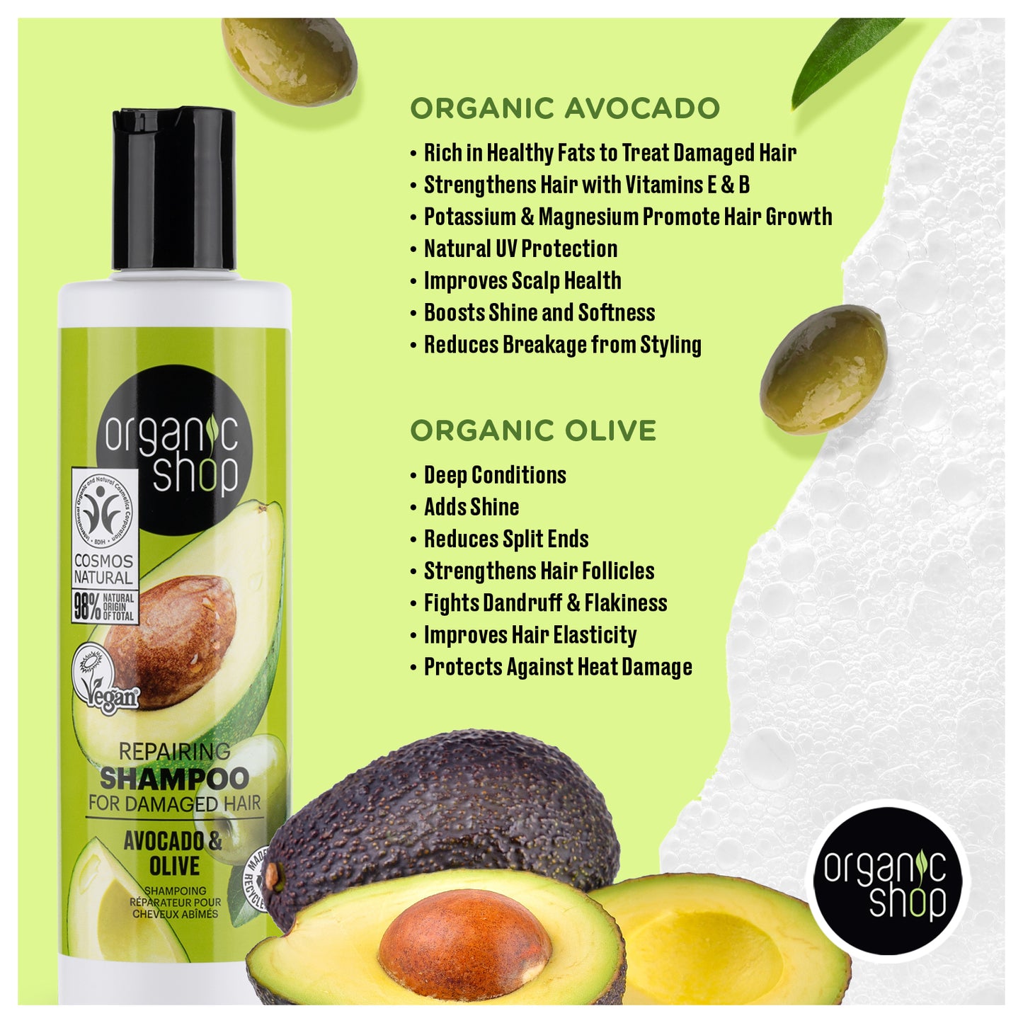 Repairing Shampoo for Damaged Hair - Avocado and Olive, 280 ml