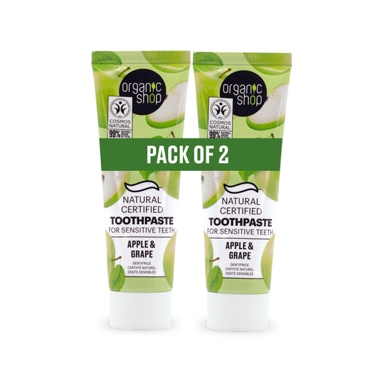 Organic Shop Apple & Grape Toothpaste, Fluoride-Free, Vegan, Natural, Sensitive Teeth, Gum Care, Cavity Protection, Pack of 2, 99% Natural