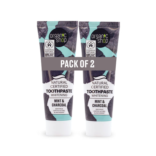 Organic Shop Mint & Charcoal Whitening Toothpaste, Fluoride-Free, Vegan, Natural, Pack of 2, Fresh Breath, Gentle Clean, COSMOS Certified