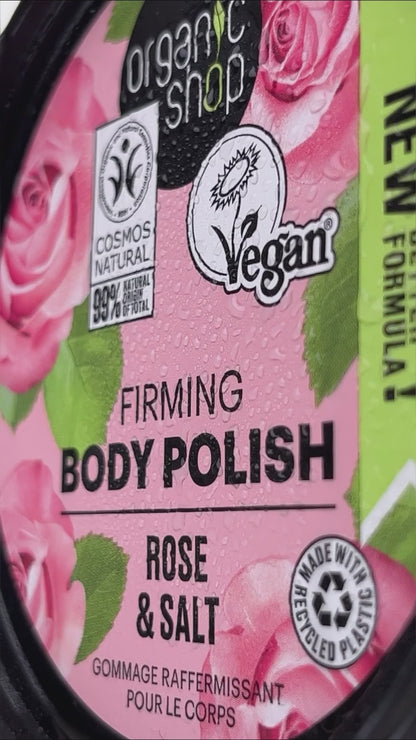 Organic Shop Rose & Salt Firming Body Polish 250ml – Vegan Exfoliating Scrub, Waterless Formula, COSMOS Certified, Natural Deep Cleansing for Smooth Skin